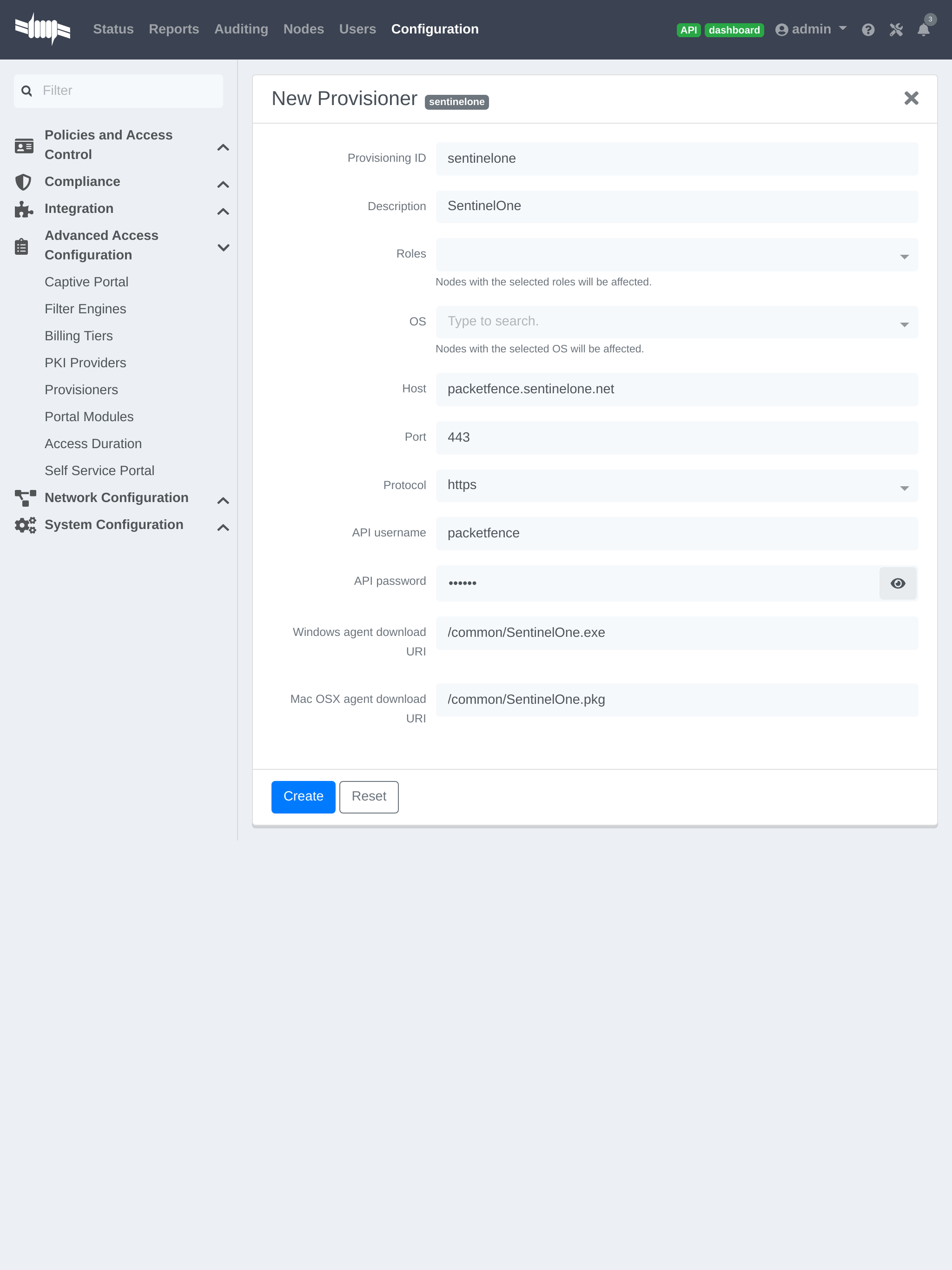 SentinelOne PacketFence configuration