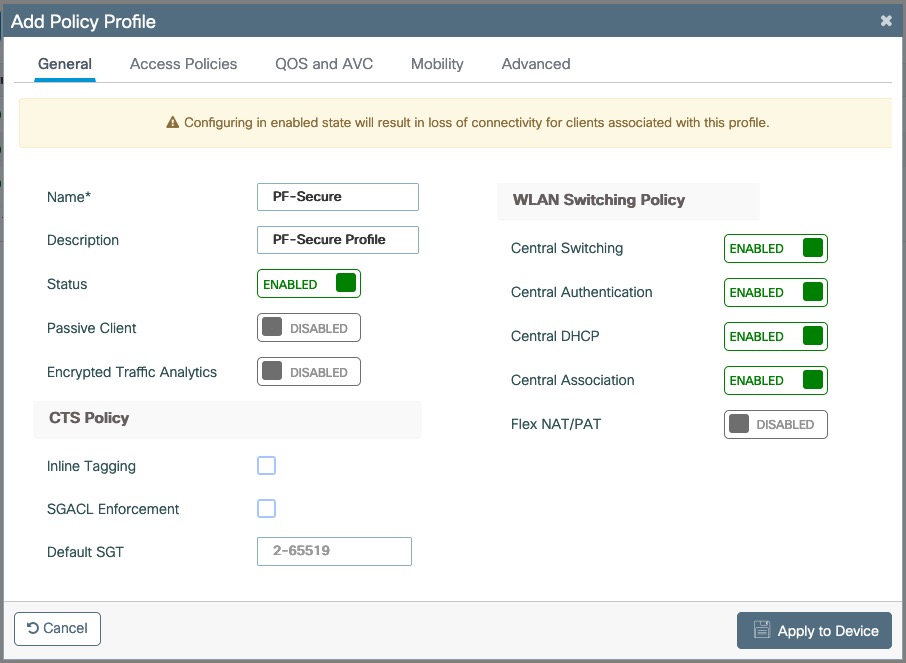 Add PF-Secure Policy Profile